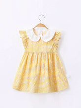 1pc Sweet And Delicate Floral Print Peter Pan Collar Short-Sleeved Check Dress For Toddler Girls, Summer